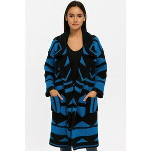 90’s Funky Vintage I.B. Diffusion Blue & Black Geometric Wool Blend Open Front L